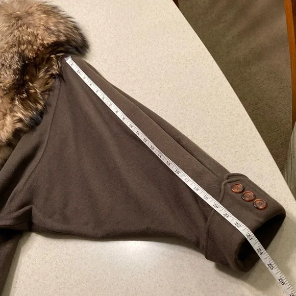 Vintage Gemini Army Green 100% Wool Trench Coat with Raccoon Fur Collar Women XL - Picture 13 of 16